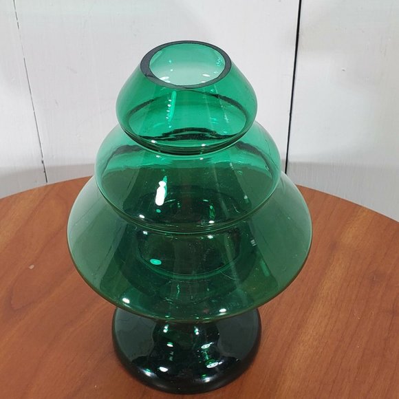 2 pc Hand Blown Green Glass Christmas Tree Candle Holder votive Elements 6.25" - Picture 2 of 11